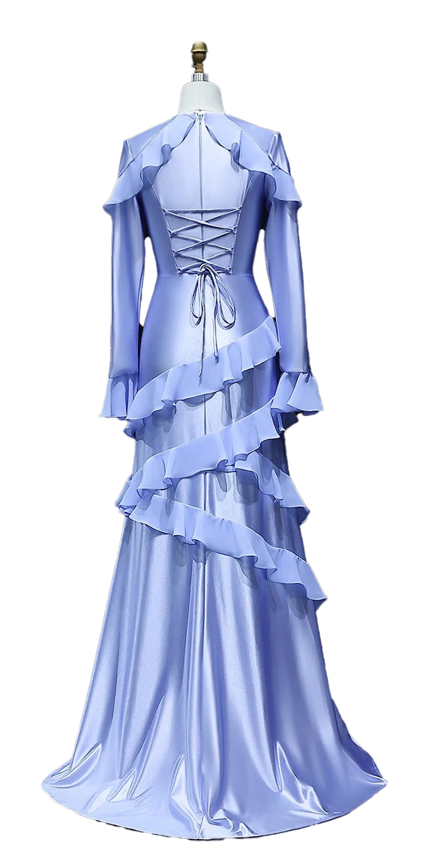 Back view of a blue ruffle mermaid evening dress with cascading ruffles by LuckeLadybug LLC