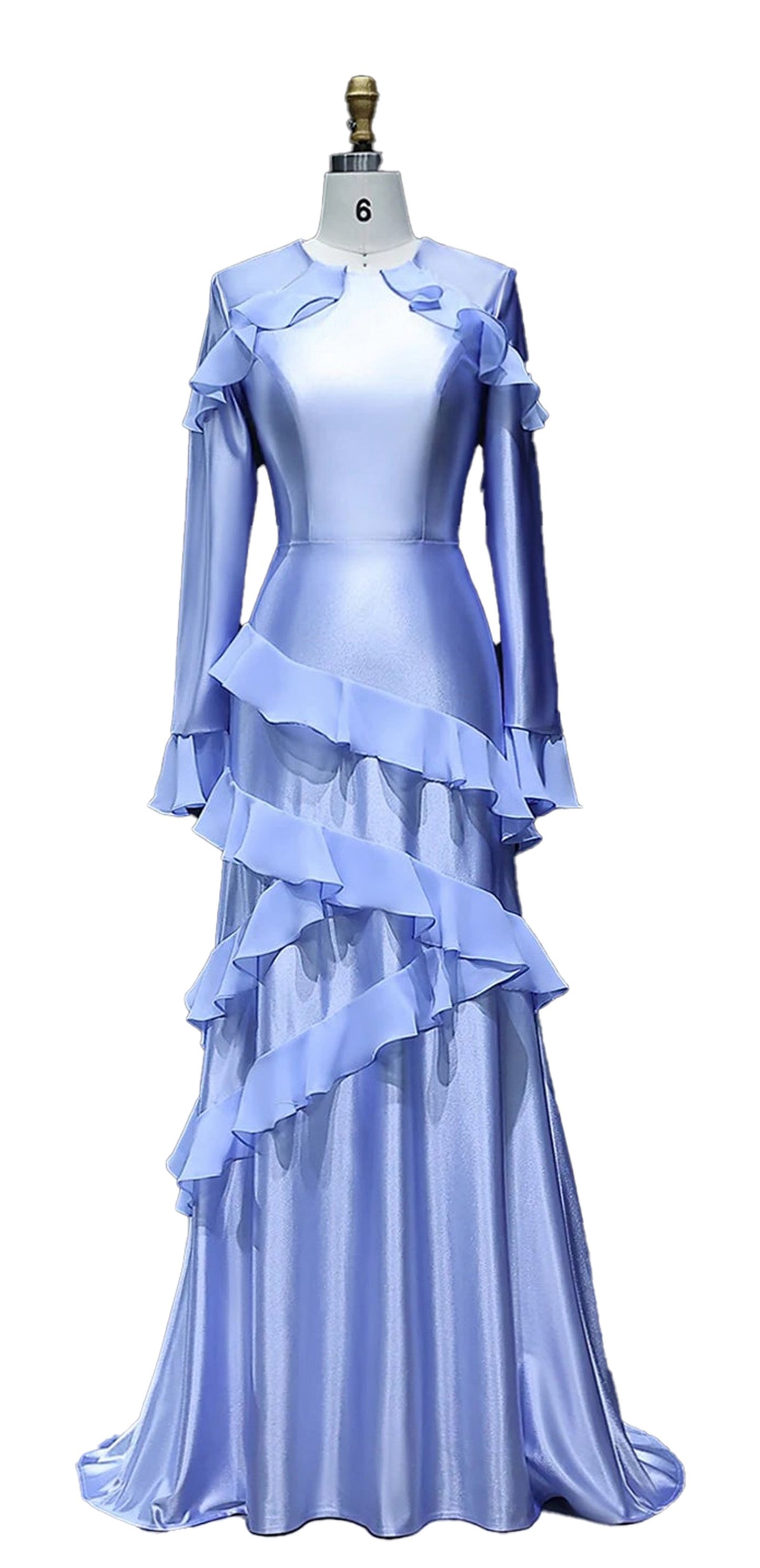 LuckeLadybug LLC blue ruffle mermaid evening dress with elegant layered design and long sleeves