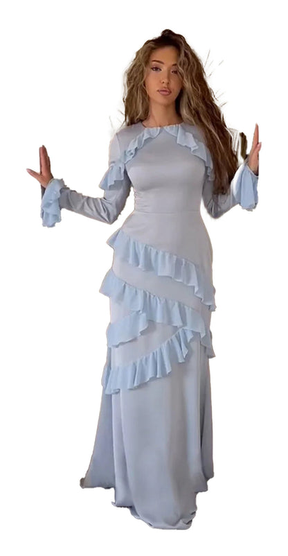 Stylish blue ruffle mermaid evening dress with elegant ruffled details by LuckeLadybug LLC