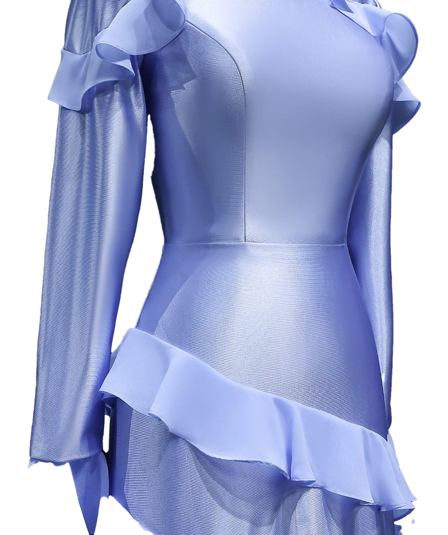 Light blue ruffle mermaid evening dress with long sleeves by LuckeLadybug LLC