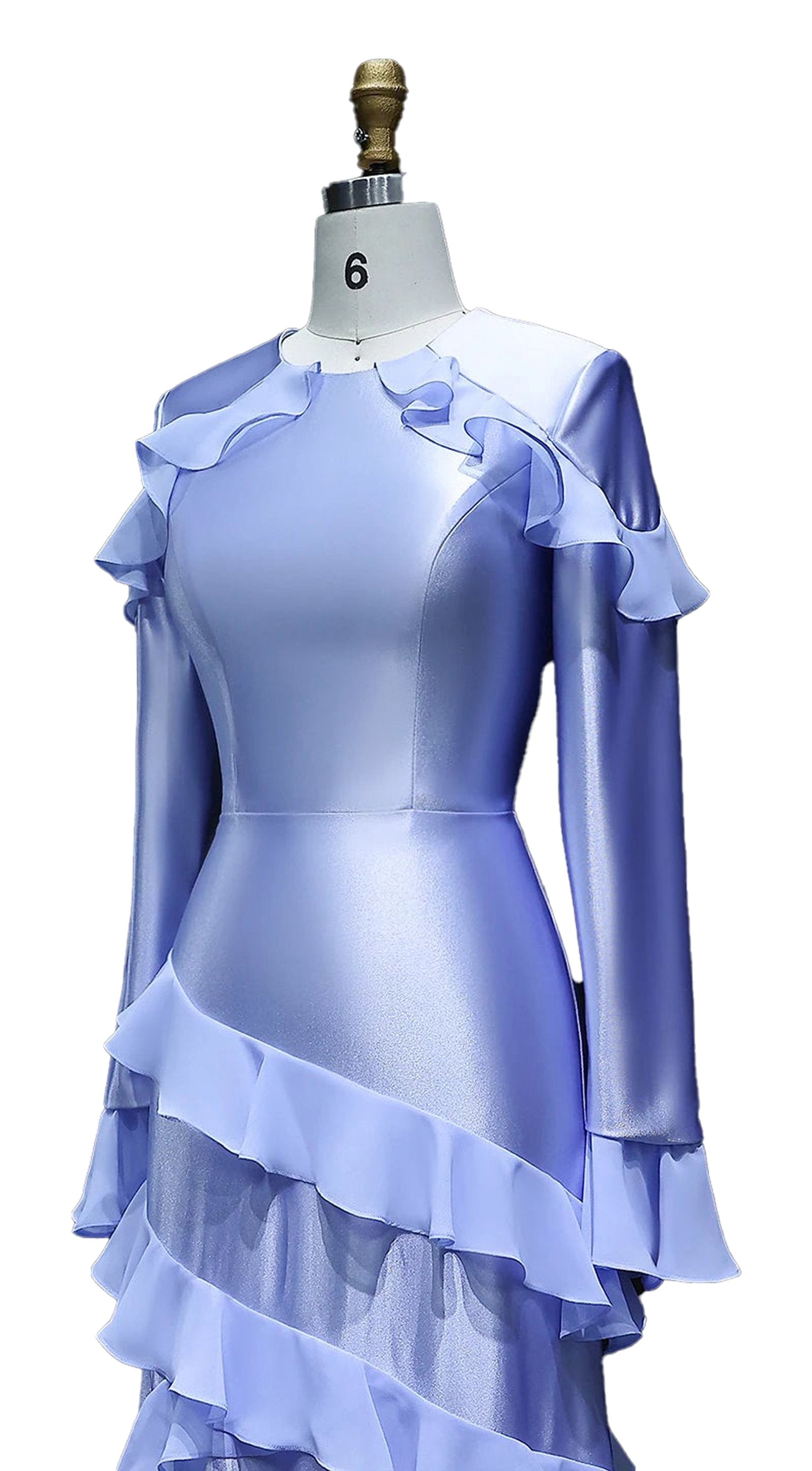 LuckeLadybug LLC Blue Ruffle Mermaid Evening Dress with Elegant Long Sleeves and Layered Design