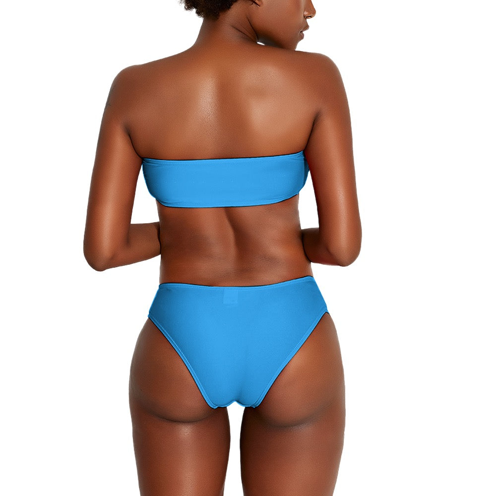 Back view of a woman wearing a blue strapless bikini for women