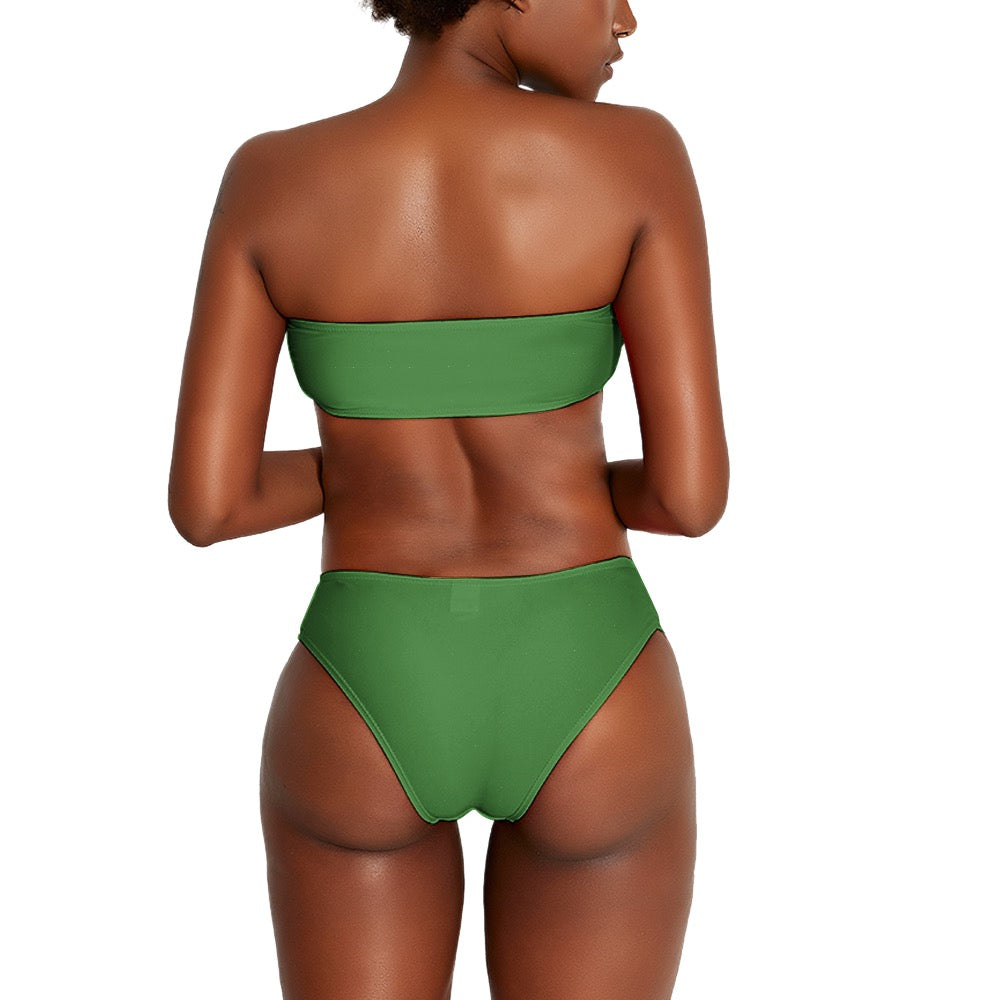 Back view of woman wearing green blue strapless bikini for women  with high-waisted bottoms