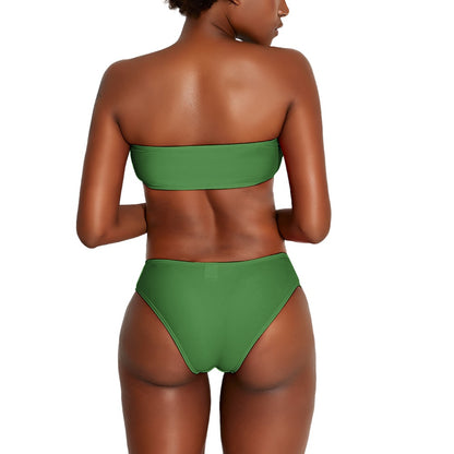 Back view of woman wearing green blue strapless bikini for women  with high-waisted bottoms