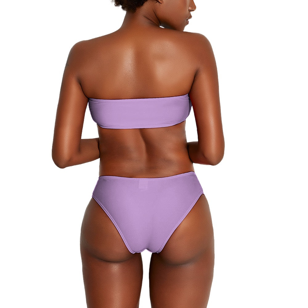 purple blue strapless bikini for women modeled from the back with high-waisted bottoms