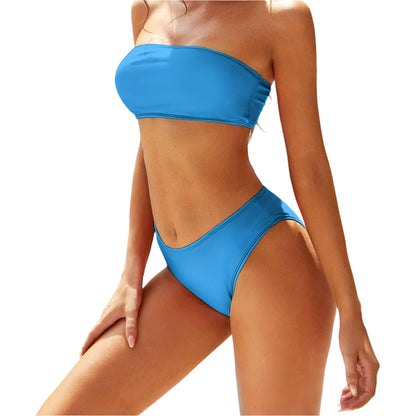 blue strapless bikini for women with high-waisted bottoms and smooth fabric design