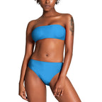 Blue strapless bikini for women shown on model with high waist bikini bottoms