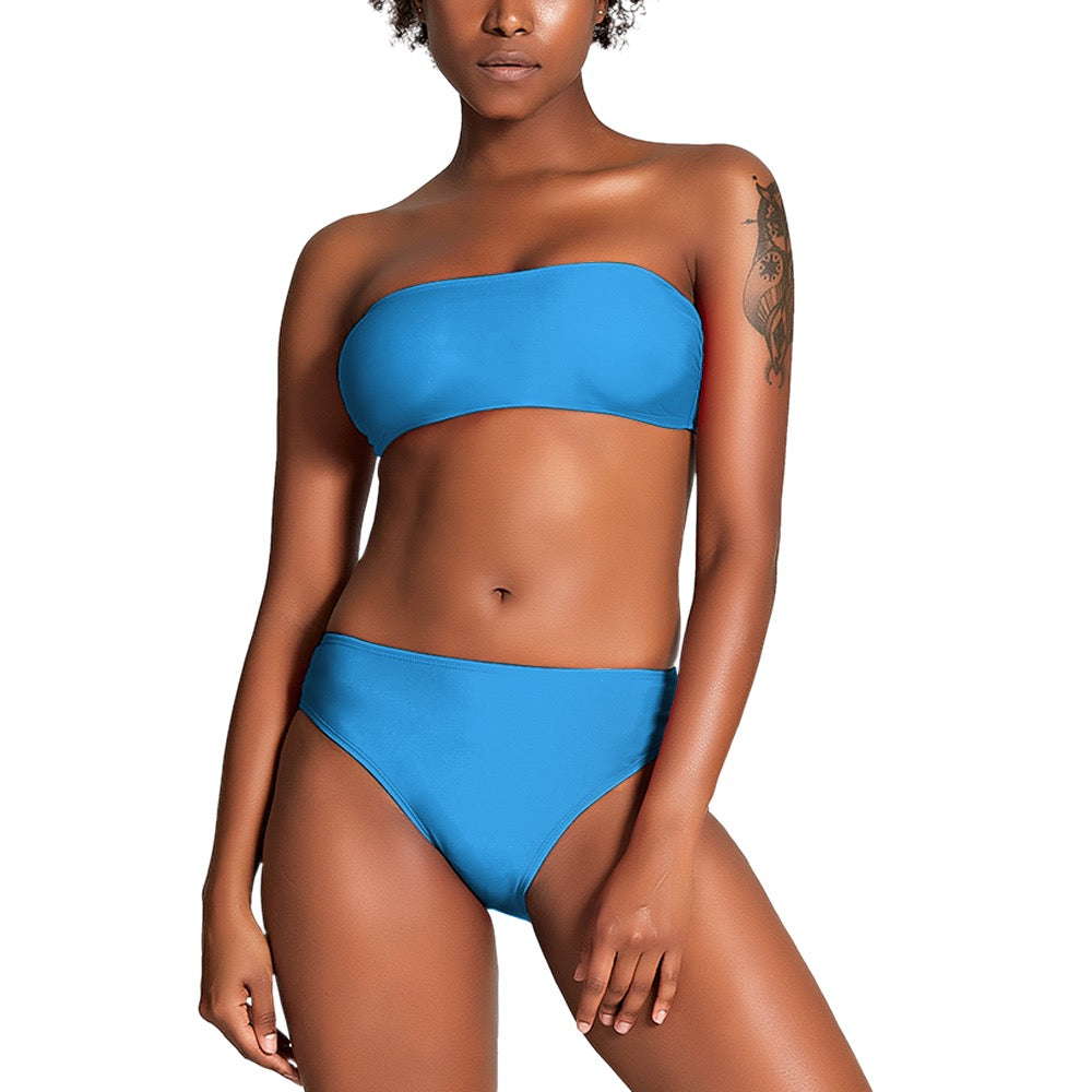 Blue strapless bikini for women shown on model with high waist bikini bottoms