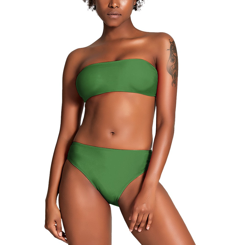 Green strapless bikini for women modeled on woman with tattoo on white background