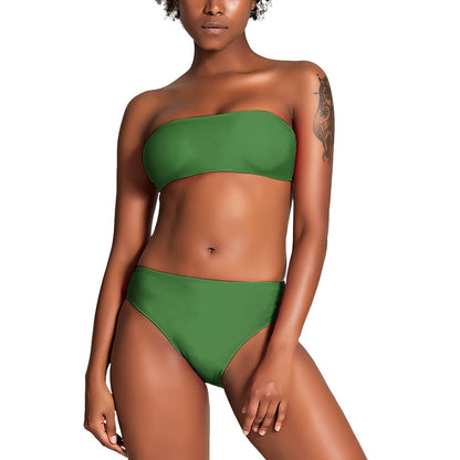 Green strapless bikini for women modeled on woman with tattoo on white background