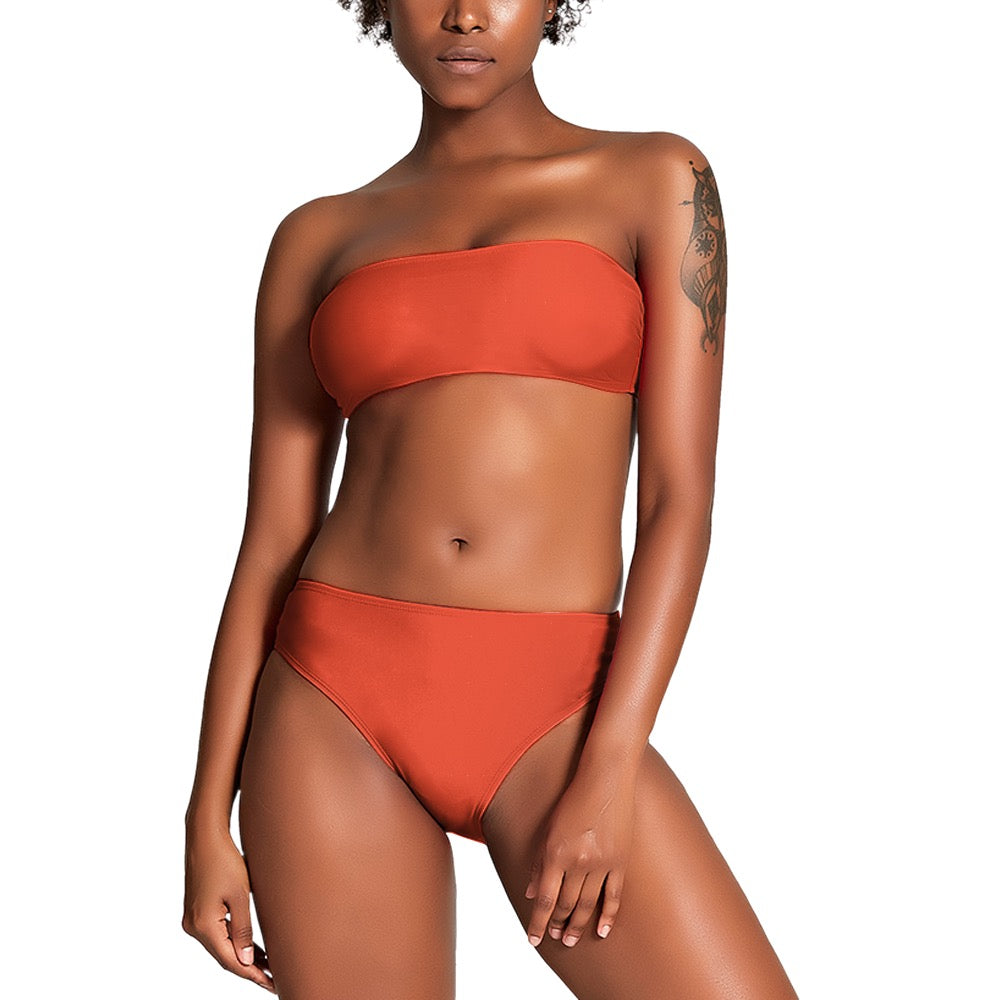 blue strapless bikini for women modeled in a solid color two-piece swimsuit