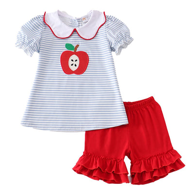 Adorable Blue Stripe Fruit Apples Applique Girl Set For Your Little Fashionista - LuckeLadybug LLC