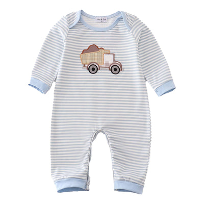 Adorable Blue Stripe Romper With Muck Car Applique For Little Boys | Baby & Toddler Clothing - LuckeLadybug LLC