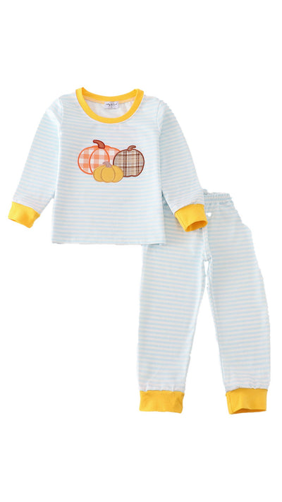 Adorable Blue Stripe Pumpkin Applique Boy Set For Trendy Babies And Toddlers! - LuckeLadybug LLC