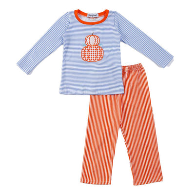 Adorable Blue Stripe Pumpkin Applique Boy Set For Stylish Babies And Toddlers! - LuckeLadybug LLC