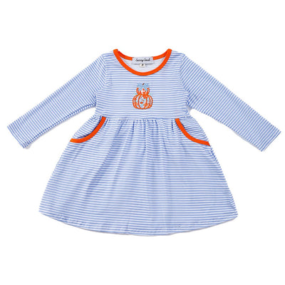 Adorable Blue Stripe Pumpkin Applique Girl Dress For Your Trendy Baby Or Toddler! - LuckeLadybug LLC