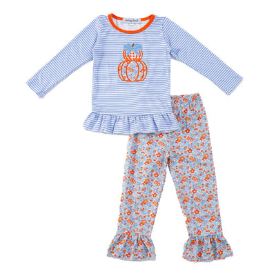 Adorable Blue Stripe Pumpkin Applique Girl Set For Stylish Babies And Toddlers - LuckeLadybug LLC