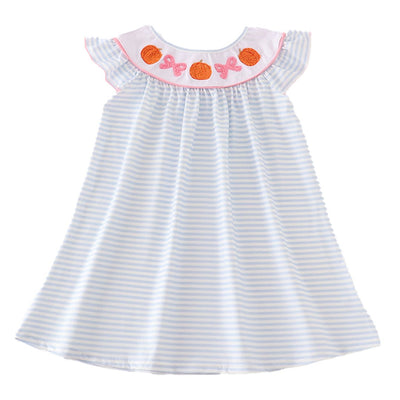 Adorable Blue Stripe Pumpkin French Knot Dress For Stylish Babies And Toddlers! - LuckeLadybug LLC