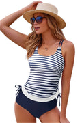 LuckeLadybug blue stripe tankini swimsuit with adjustable side ties and navy blue bottoms