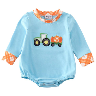 Adorable Blue Truck Pumpkin Appliqué Boy Bubble For Your Little Trendsetter! - LuckeLadybug LLC