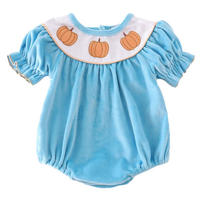 Adorable Blue Velvet Pumpkin Embroidery Girl Bubble: Must-Have Baby And Toddler Fashion! - LuckeLadybug LLC