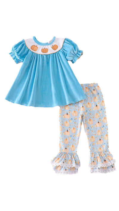 Adorable Blue Velvet Pumpkin Embroidery Girl Set - LuckeLadybug LLC