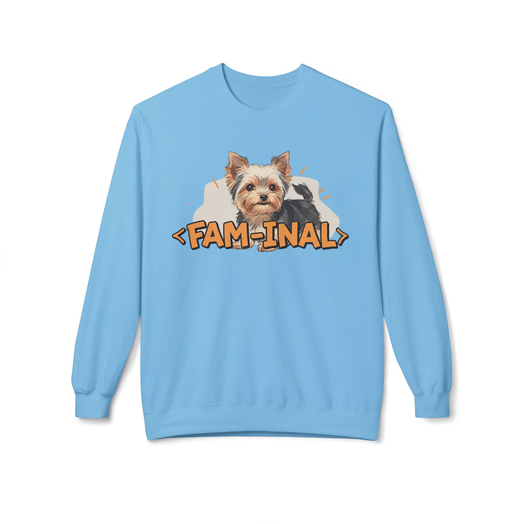 Light blue Yorkie dog lover sweatshirt with cute Yorkie dog illustration and Fam-Inal text