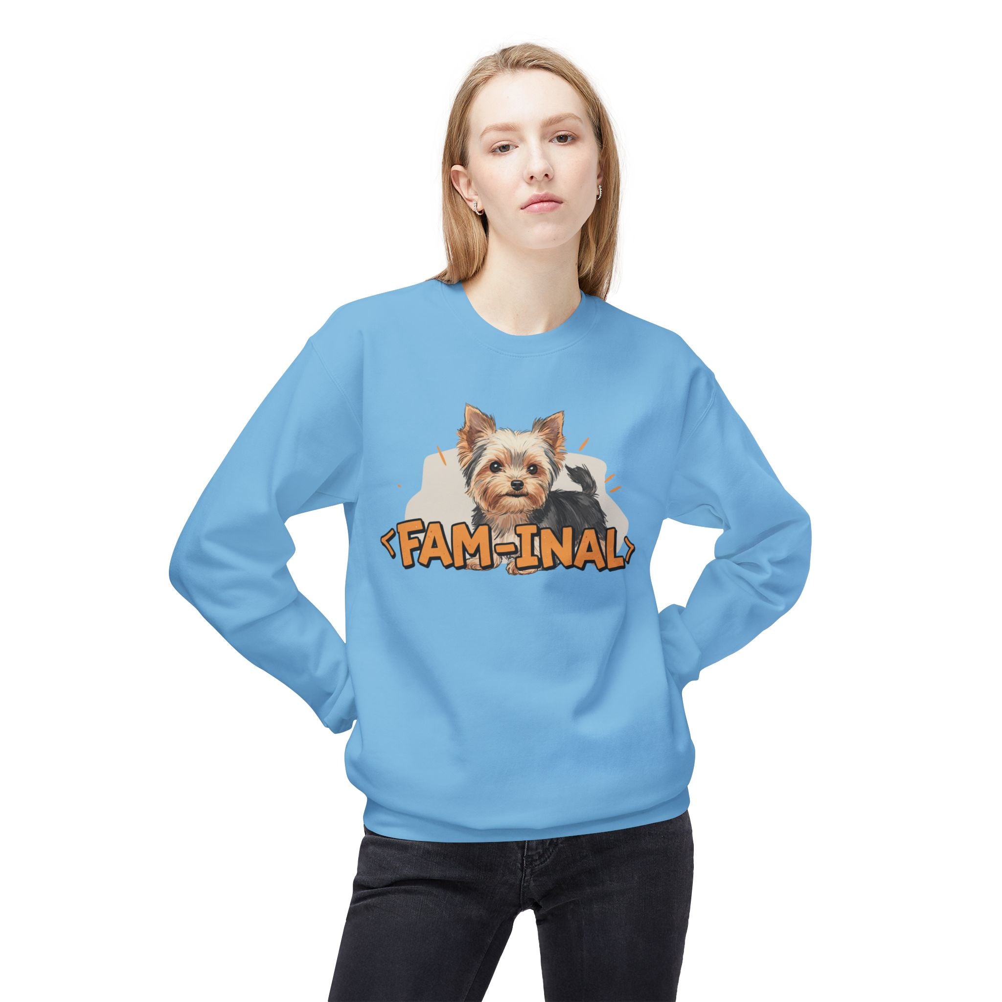 Light blue Yorkie dog lover sweatshirt with cute Yorkie graphic and Fam-Inal text worn by a woman