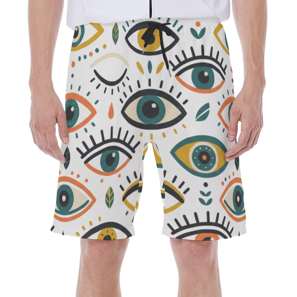 LuckeLadybug Men's Board Swim Shorts featuring colorful eye patterns for beach and pool wear