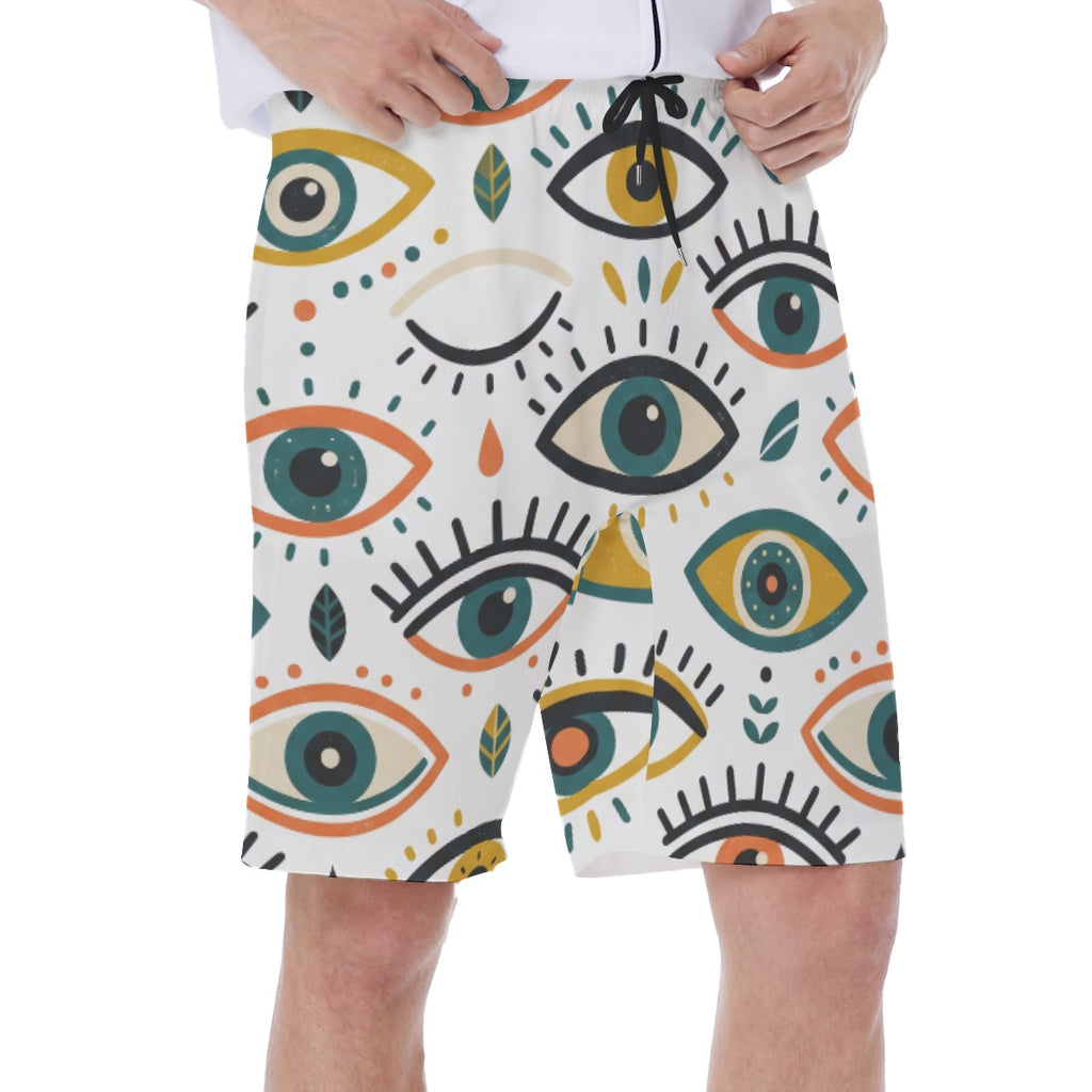 LuckeLadybug men's board swim shorts featuring a colorful eye design for stylish beach wear