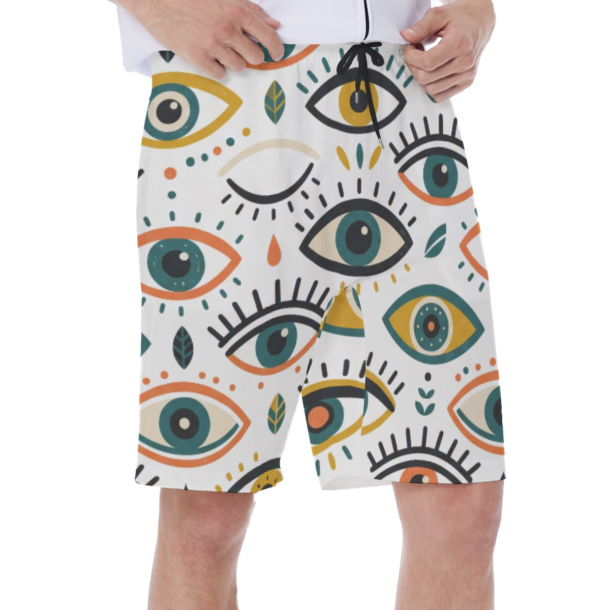 LuckeLadybug men's board swim shorts featuring a colorful eye design for stylish beach wear