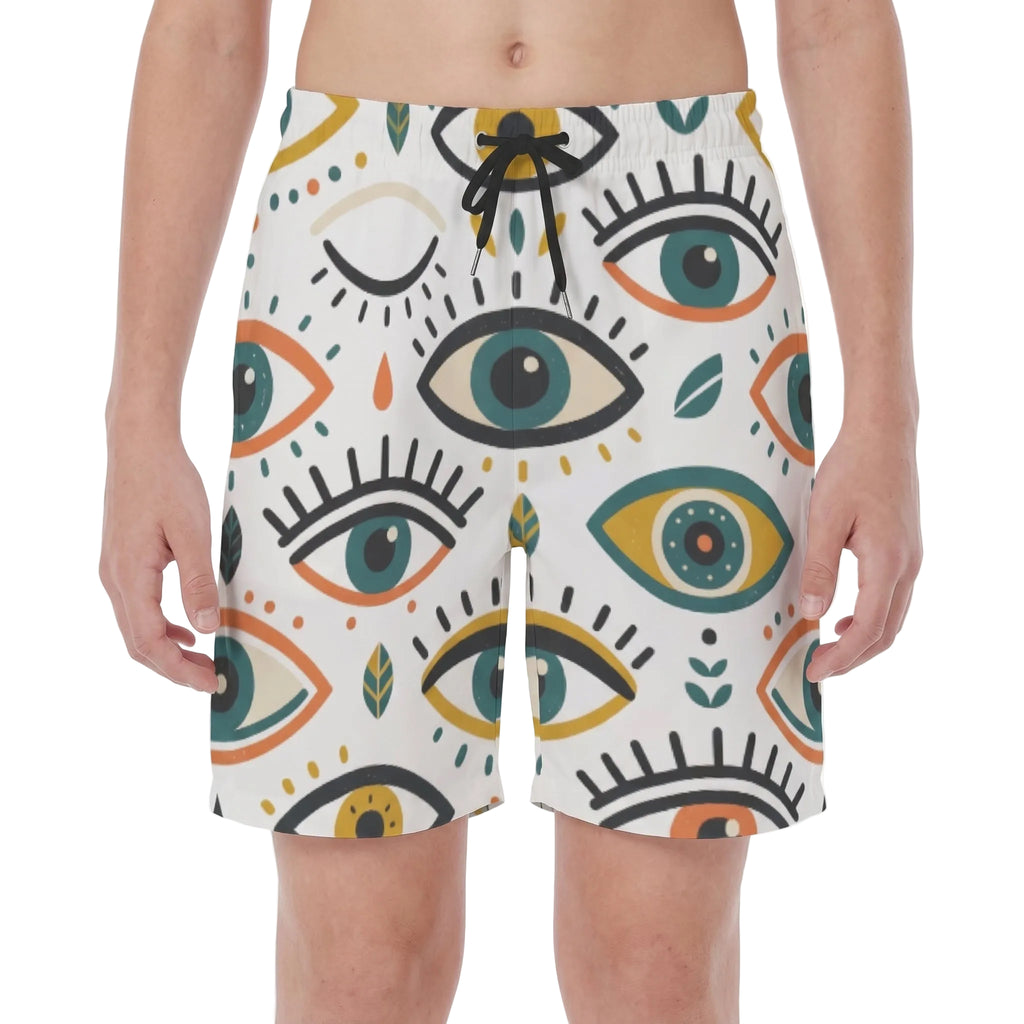 LuckeLadybug Board Swim Shorts Mens featuring a colorful eye pattern for stylish beachwear