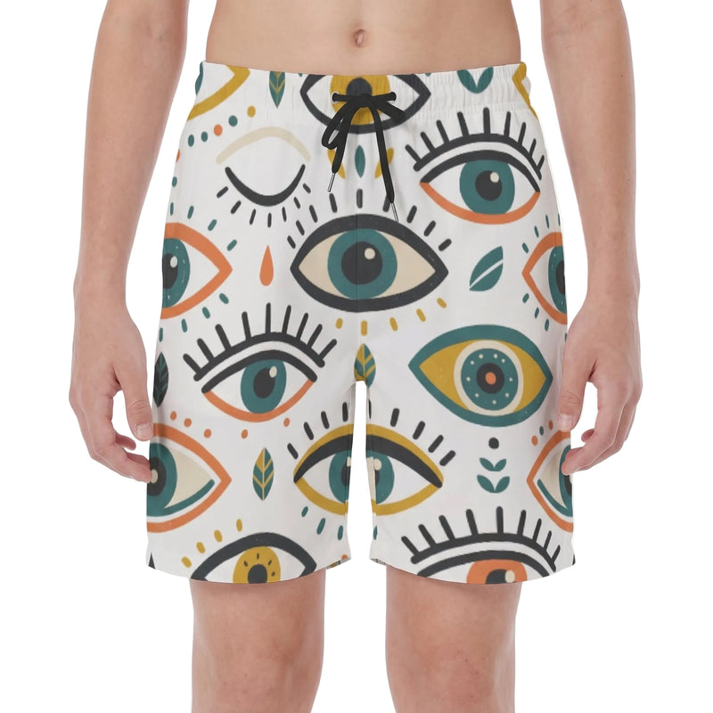 LuckeLadybug Board Swim Shorts Mens featuring a colorful eye pattern for stylish beachwear