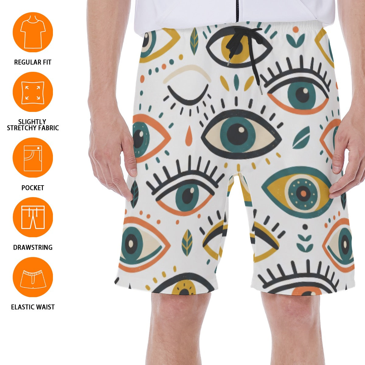 LuckeLadybug Regular Fit Board Swim Shorts Mens with Eye Pattern and Elastic Waist for Comfort