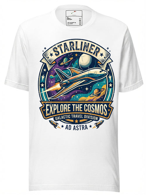 White T-Shirt with Boeing Dreamliner 787 Inspired Space Travel Design and Colorful Graphic