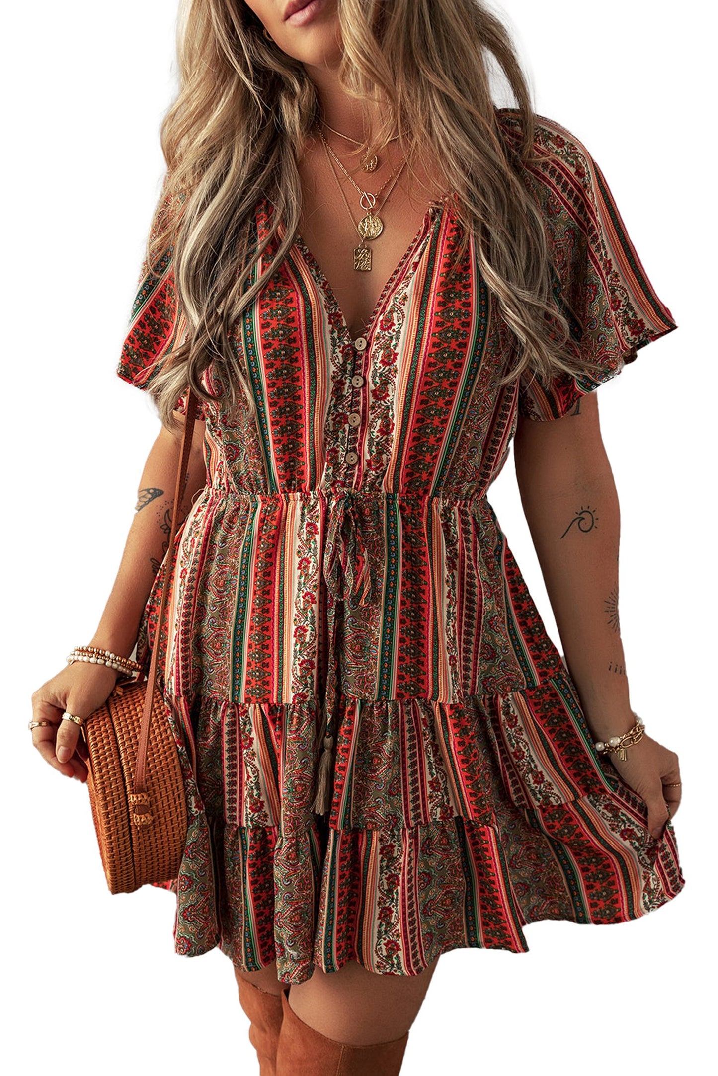 LuckeLadybug bohemian floral print dress with flared sleeves and tiered skirt for a stylish look