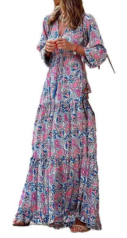 LuckeLadybug LLC bohemian v-neck autumn dress with tiered design and colorful paisley pattern