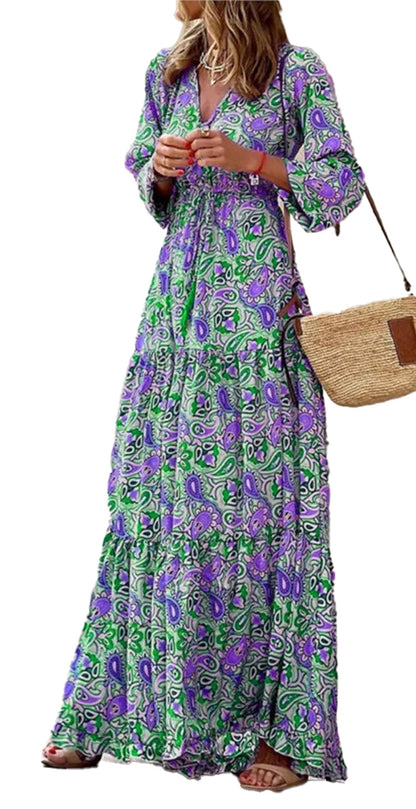 LuckeLadybug LLC Bohemian v-neck autumn dress in green and purple floral pattern with tiered design