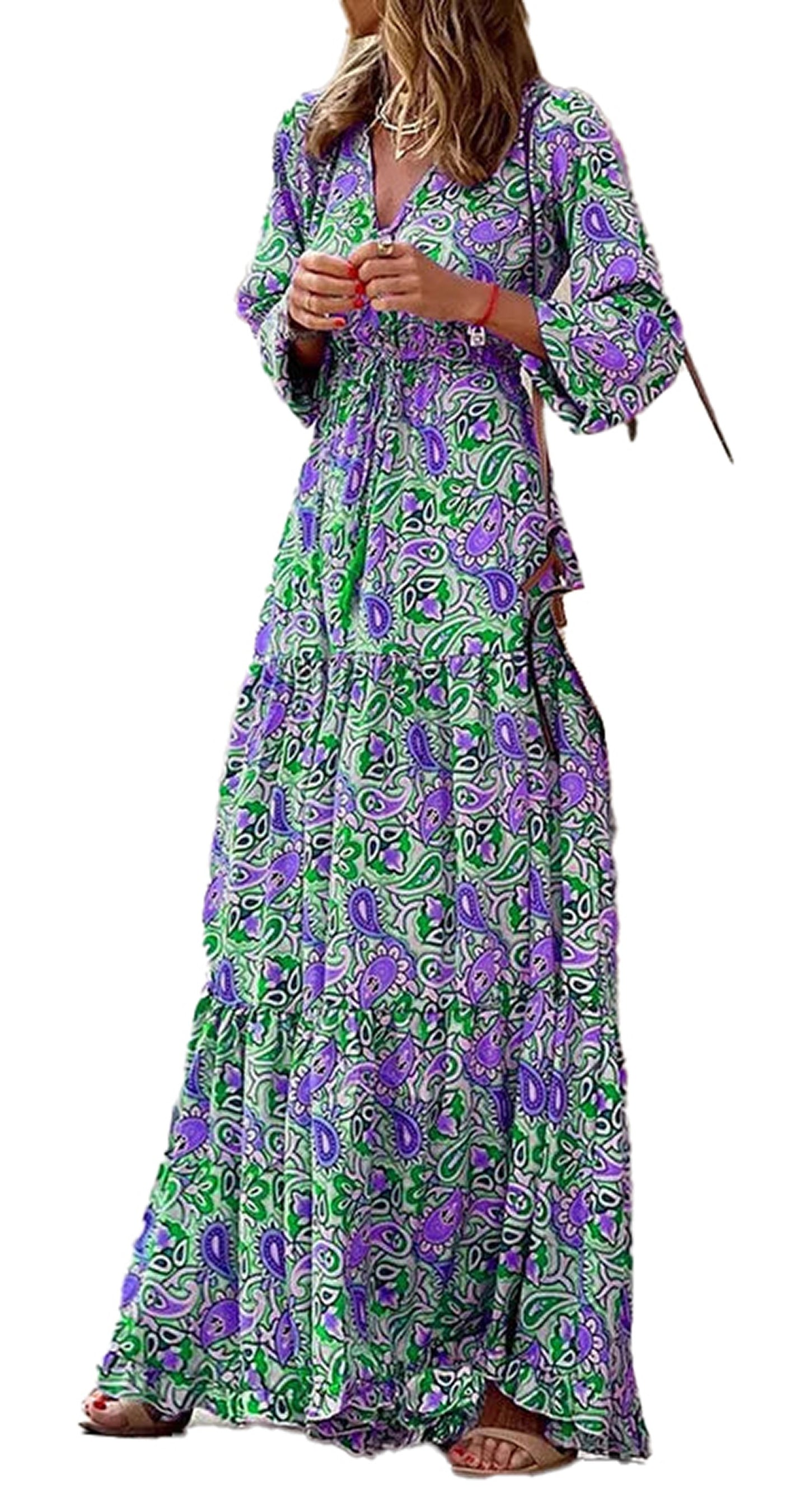 LuckeLadybug LLC Bohemian v-neck autumn dress in vibrant purple and green floral pattern