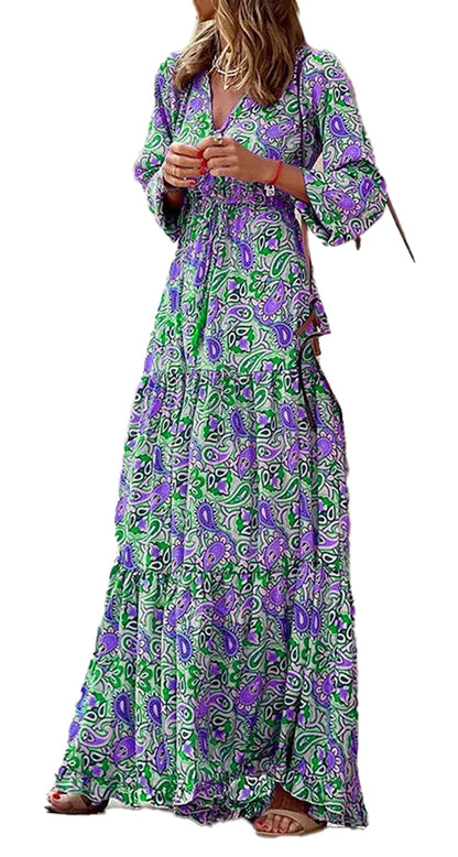 LuckeLadybug LLC Bohemian v-neck autumn dress in vibrant purple and green floral pattern