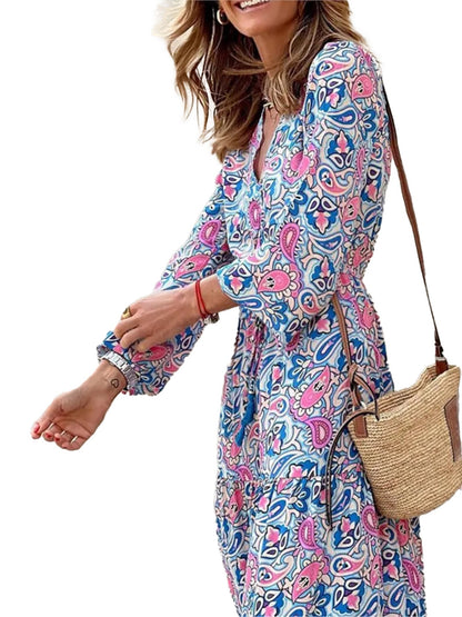 LuckeLadybug LLC Bohemian v-neck autumn dress in colorful print with long sleeves and a relaxed fit