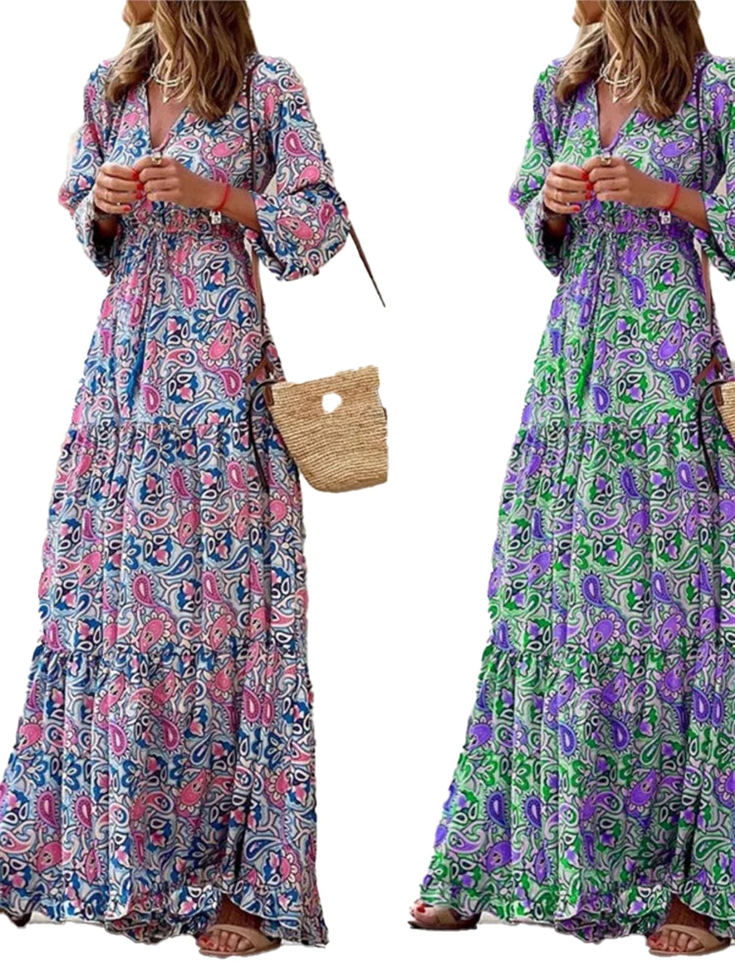 LuckeLadybug LLC bohemian v-neck autumn dress in colorful patterns perfect for seasonal style