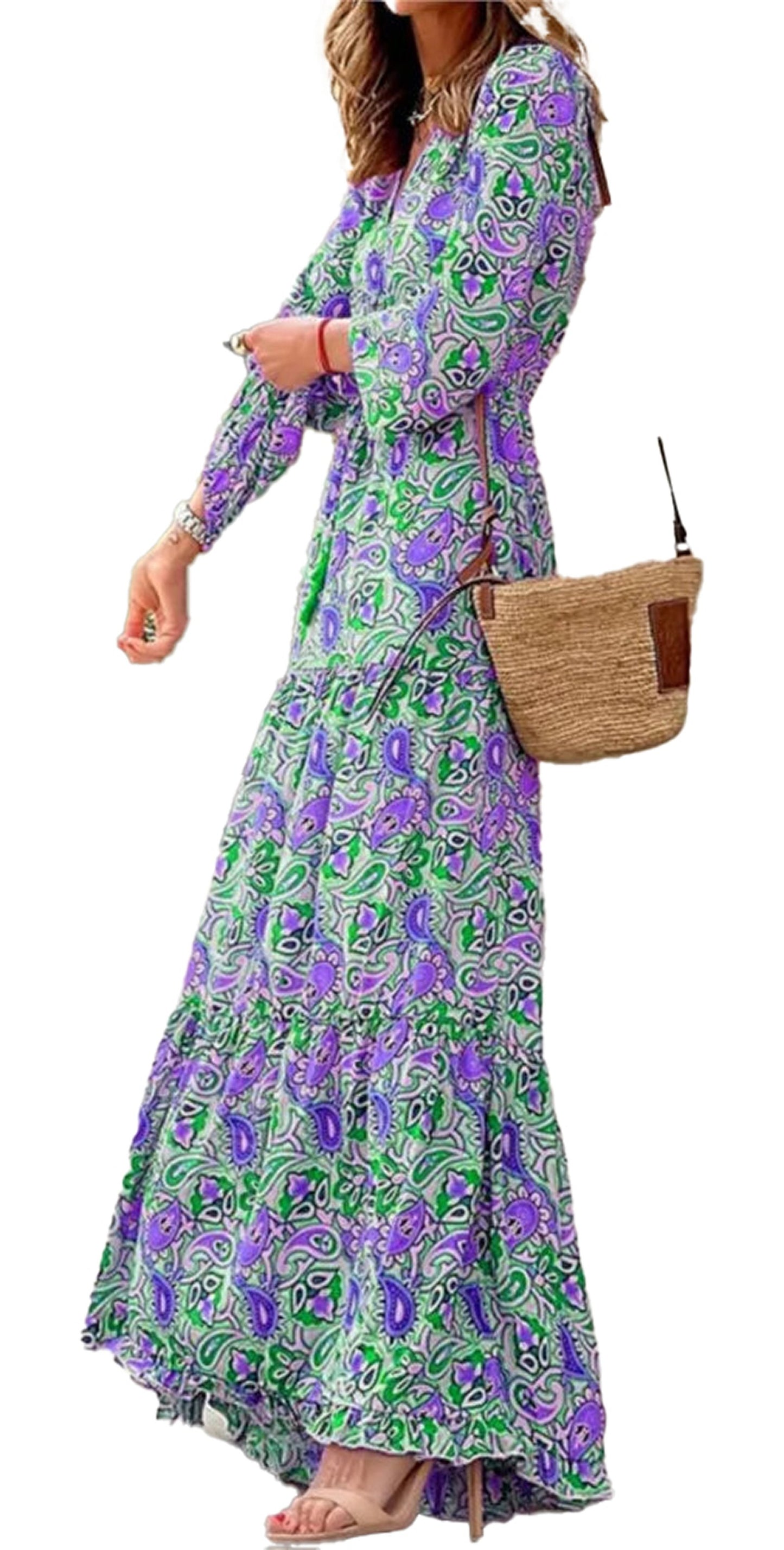 LuckeLadybug LLC bohemian v-neck autumn dress in colorful floral pattern with long sleeves and flowy design