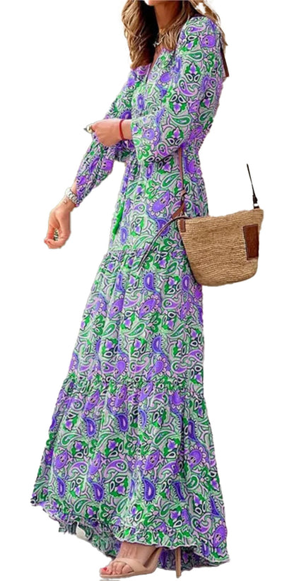 LuckeLadybug LLC bohemian v-neck autumn dress in colorful floral pattern with long sleeves and flowy design