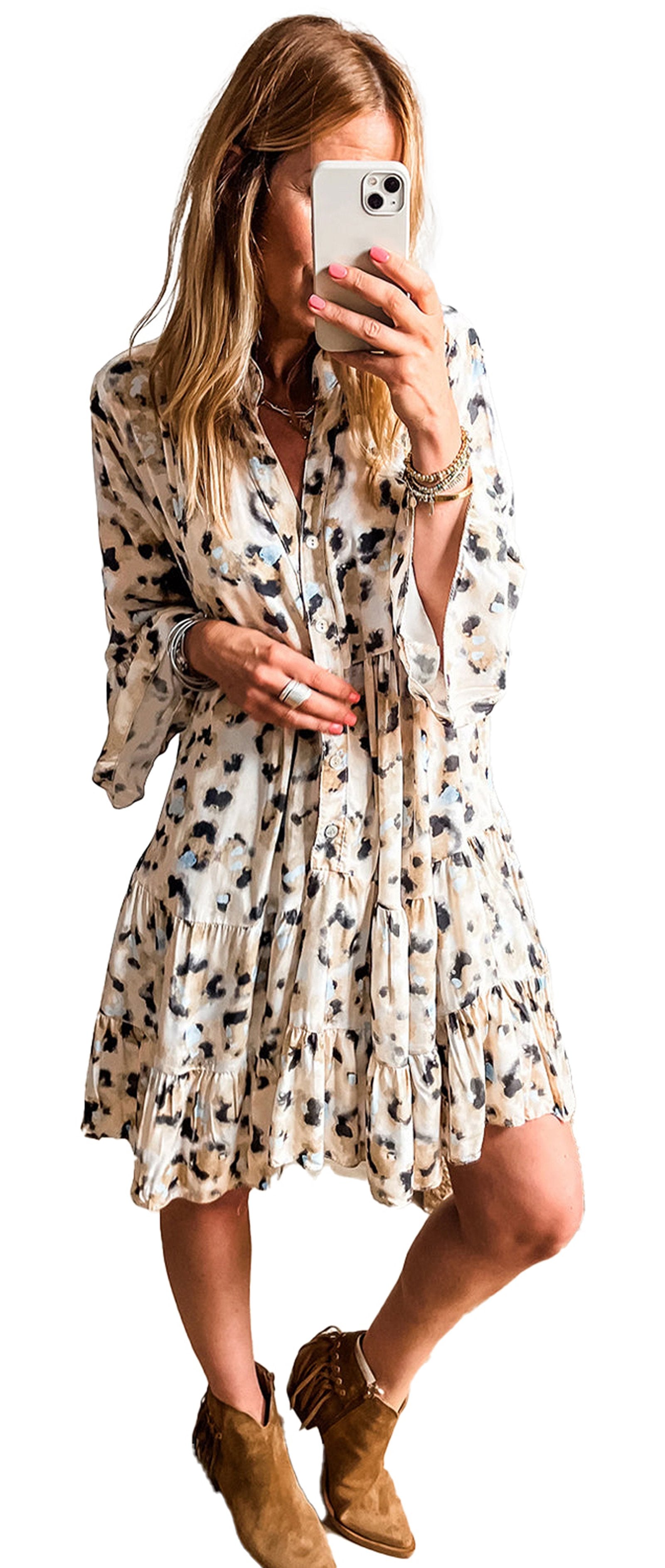 LuckeLadybug boho mini black leopard print dress with tiered skirt long sleeves and ankle boots