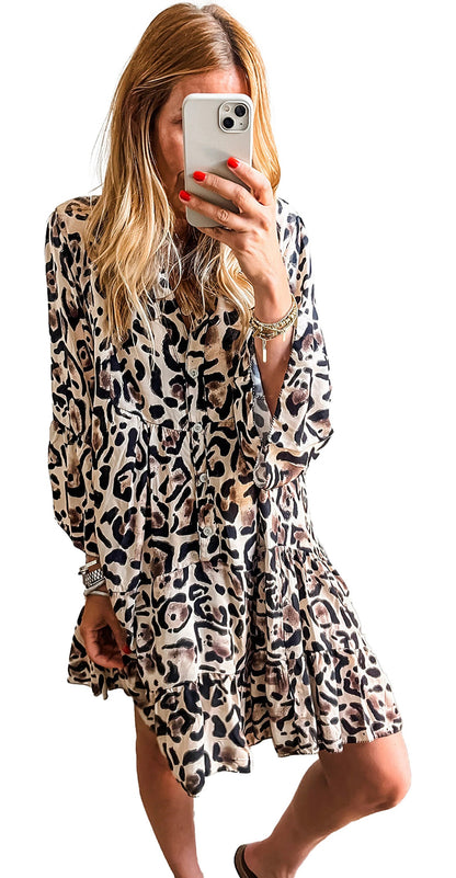 LuckeLadybug black leopard print dress mini with tiered ruffle hem long sleeves relaxed fit