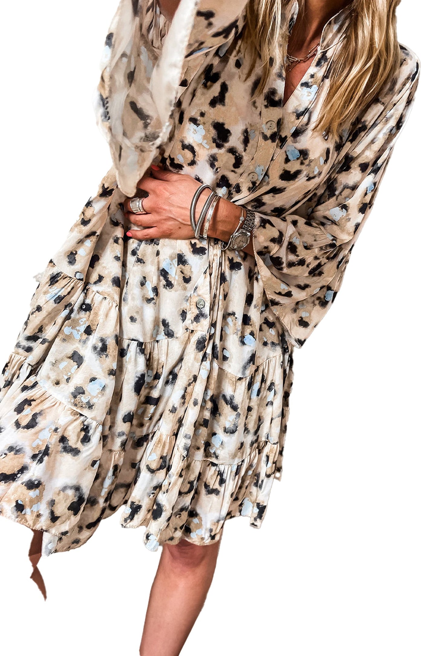 LuckeLadybug black leopard print dress tiered mini dress with long sleeves and gathered waist on model