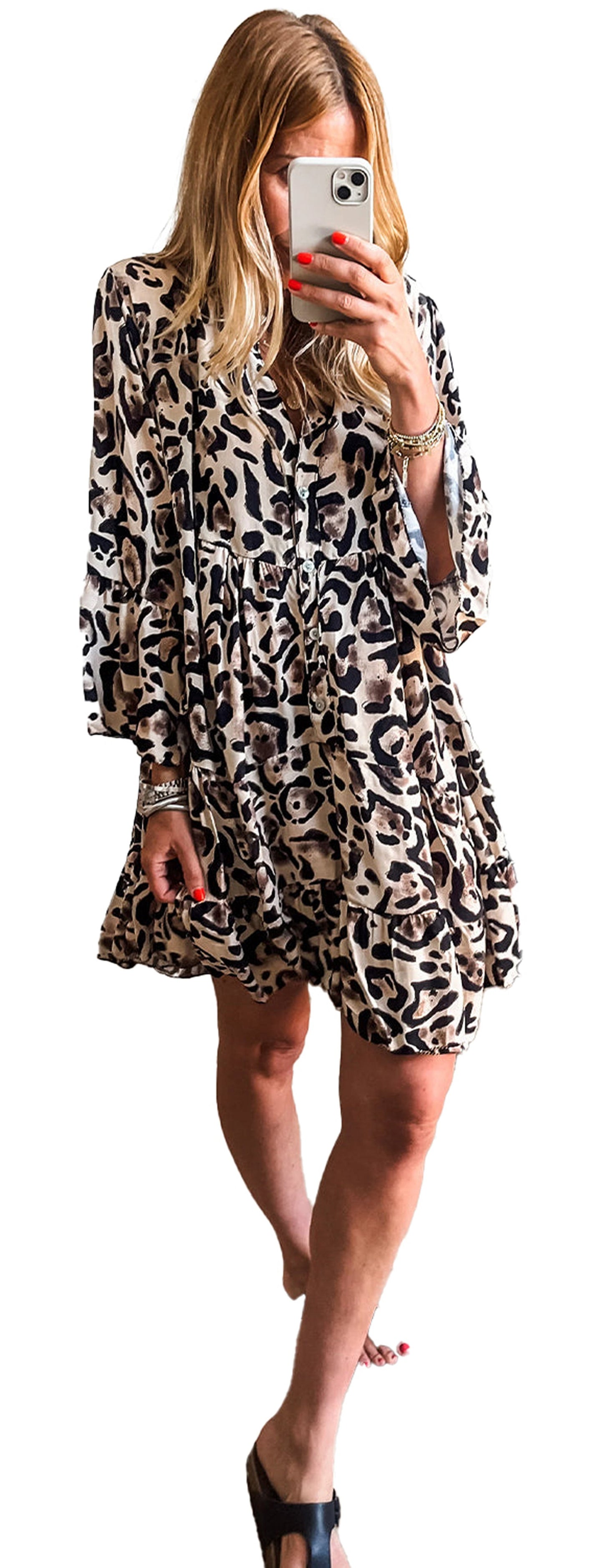 LuckeLadybug black leopard print dress mini A line long sleeve ruffled hem styled with sandals