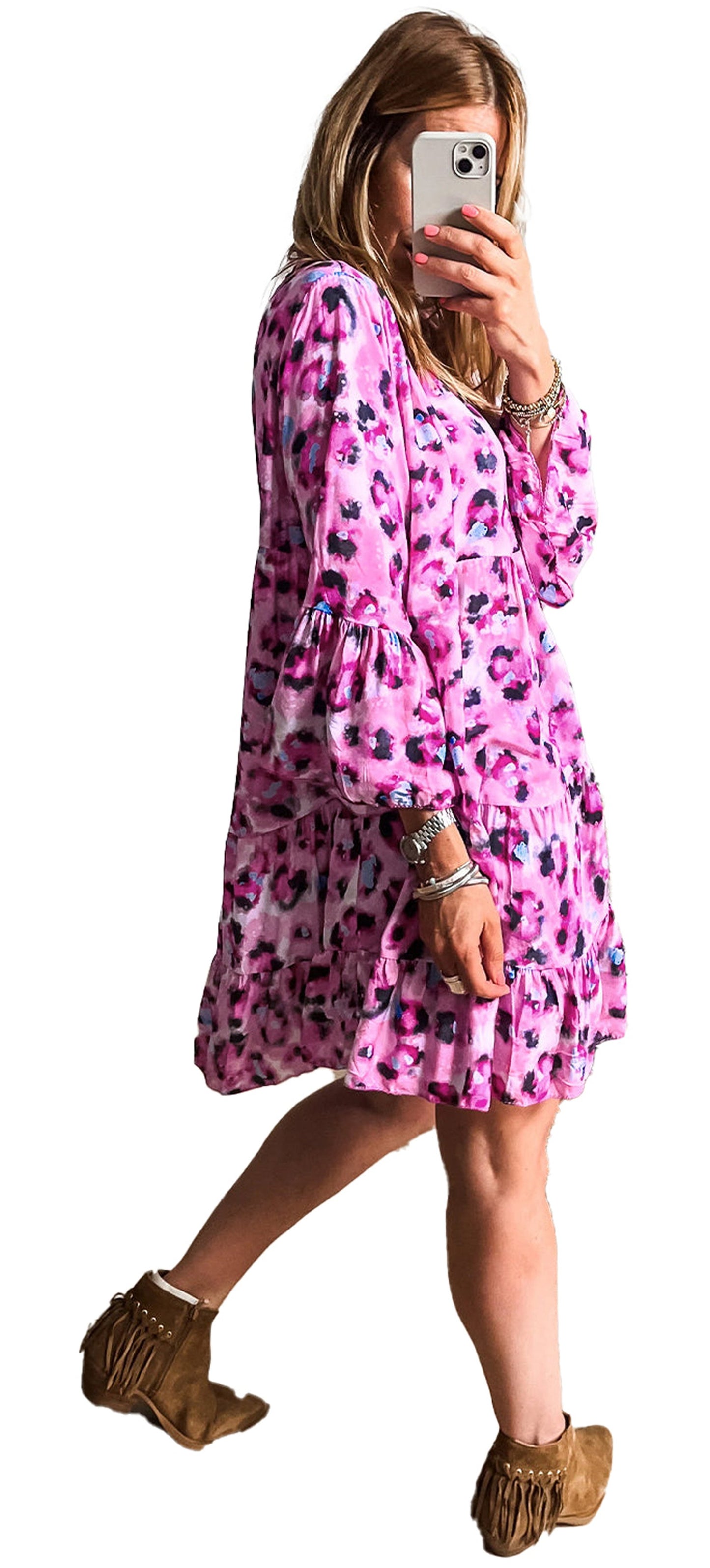 LuckeLadybug pink leopard print mini dress on model mirror selfie with fringe ankle boots black leopard print dress