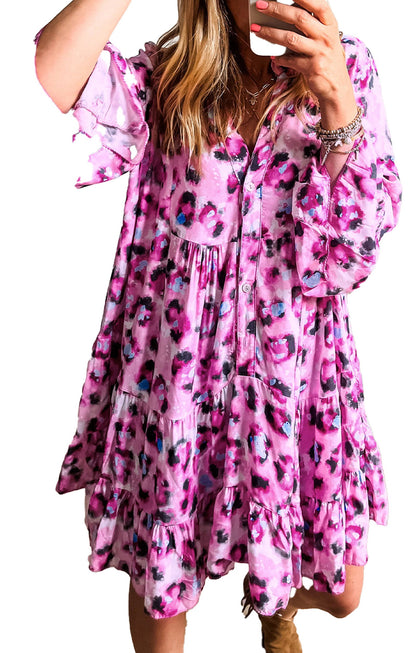 LuckeLadybug pink tiered mini dress with ruffled hem and balloon sleeves featuring black leopard print dress pattern